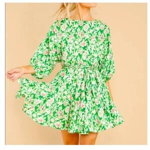 French violet boutique balloons sleeves Floral Green and Pink mini  Dress L